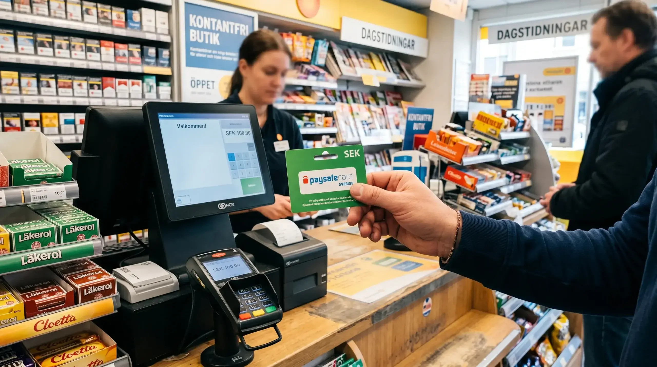 Paysafecard-voucher framför svenska butikskedjors logotyper