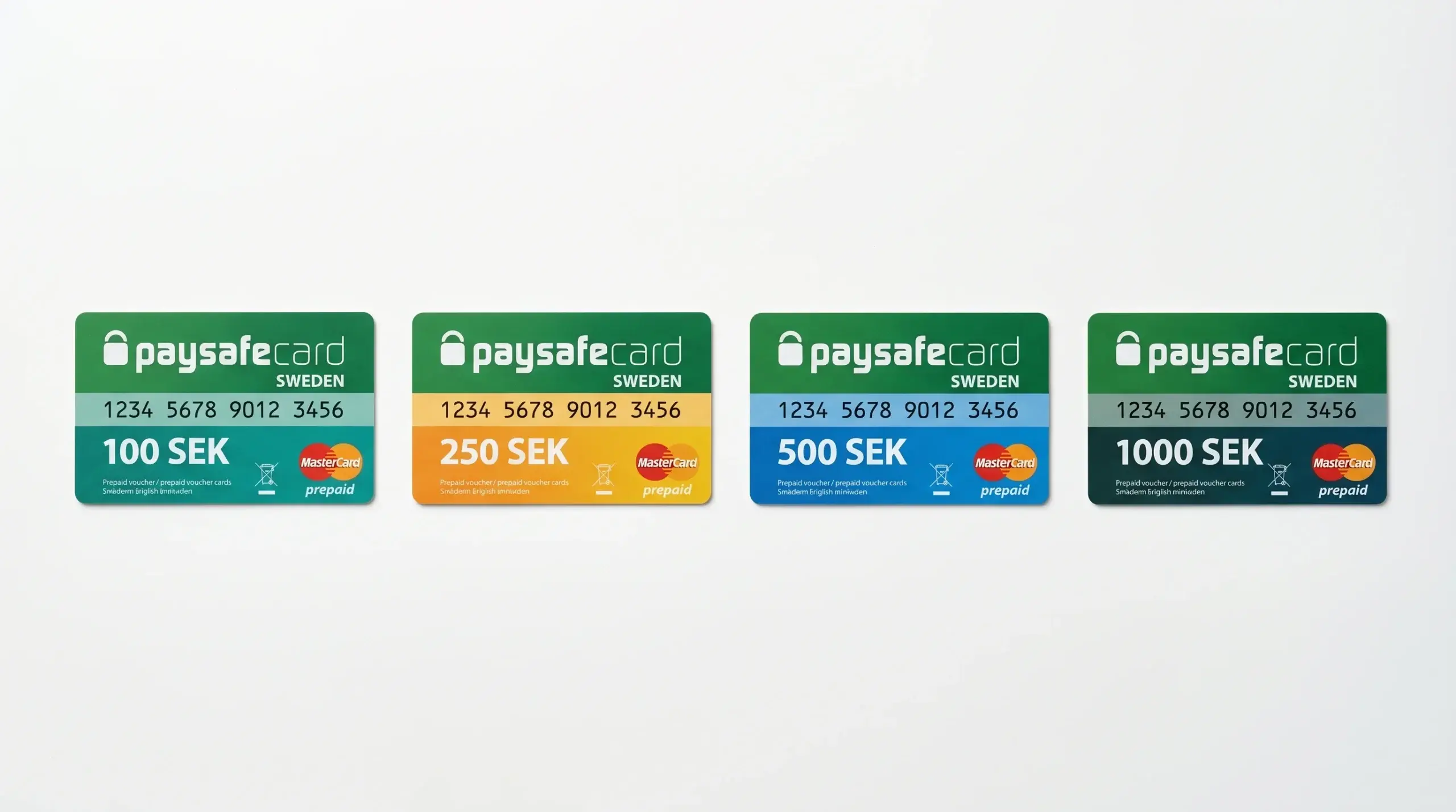 De fyra Paysafecard-valörerna 100 250 500 och 1000 kr i Sverige